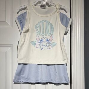 Disney Stitch Kids Tank Top, skirt & button up shirt set- White and Light Blue